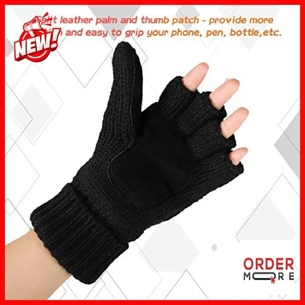 Fingerless Wool Convertible Mittens Thermal Insulation Texting Gloves Unisex